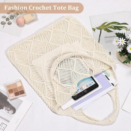 Crochet tote bag - Women's knitted beach bag - Knit - Summer hobo bag - Vacation - Boho - Tote bag (beige)