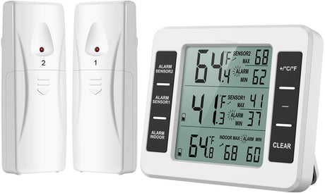 Thermometer - thermometers - indoor thermometer - freezer thermometer - freezer thermometer - digital hygrometer - with 2 sensors - for freezer with temperature alarm, MIN/MAX, temperature trend arrow display