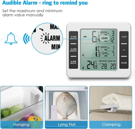 Thermometer - thermometers - indoor thermometer - freezer thermometer - freezer thermometer - digital hygrometer - with 2 sensors - for freezer with temperature alarm, MIN/MAX, temperature trend arrow display