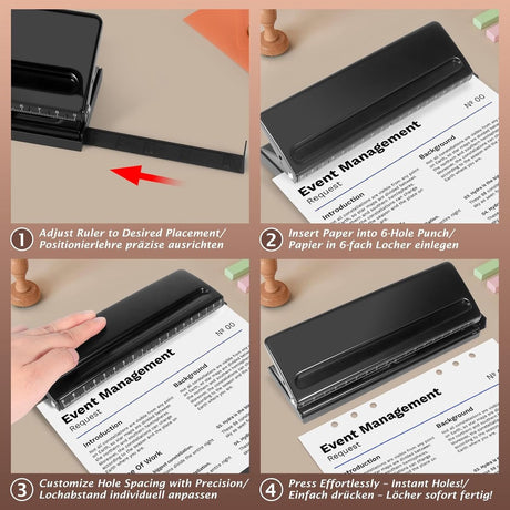 piece - Adjustable 6-hole punch - hole punch for diaries, personal planners and refill pages for files - refill pages - black