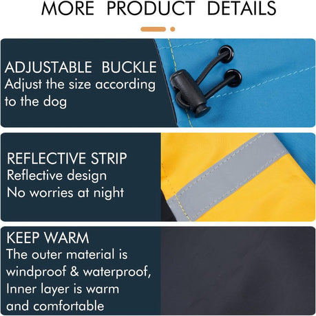 Dog Raincoat - Dog Jacket - Waterproof Winter Dog Jackets - Windproof Dog Jacket - Winter Dog Jacket - Reflective Strip - Perfect for Small Dogs - Medium-Sized Dogs - Blue and Black - Size S