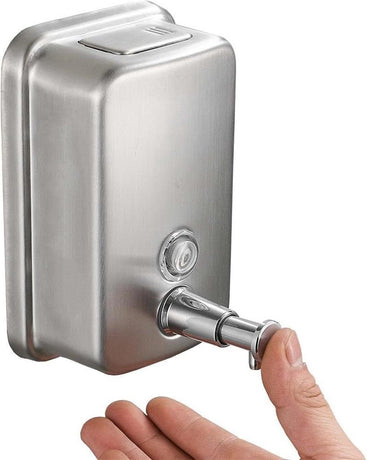 Durable commercial wall-mounted stainless steel soap dispenser with a large capacity for hand soap, rust-resistant design, perfect for bathrooms, hotels, restaurants or homes (brushed silver)