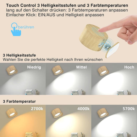 Night light - Indoor wall light - Rechargeable wall light - Children's night light - Wall light with 1 battery - Touch control with 3 brightness levels - 360° rotation - For living room, bedroom, staircase - Wood grain