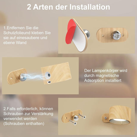 Night light - Indoor wall light - Rechargeable wall light - Children's night light - Wall light with 1 battery - Touch control with 3 brightness levels - 360° rotation - For living room, bedroom, staircase - Wood grain