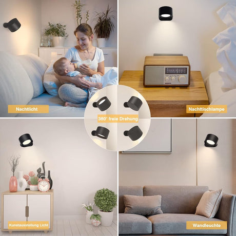 Lamp - Indoor wall light - LED wall light - Night light for adults - Battery operated wall light (1 piece) - Touch control with 3 brightness levels - 360° rotation - For living room, bedroom, staircase - Black