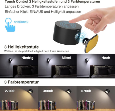 Lamp - Indoor wall light - LED wall light - Night light for adults - Battery operated wall light (1 piece) - Touch control with 3 brightness levels - 360° rotation - For living room, bedroom, staircase - Black