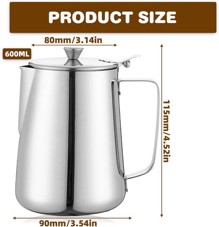 Milk Jug - Barista Latte Artisan Accessories with Lid - 600ml Milk Jug - Stainless Steel Milk Jug with Lid - Milk Frothing Jug - Coffee Milk Jug with Cup - Suitable for Cappuccino, Espresso, and Barista Use
