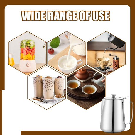 Milk Jug - Barista Latte Artisan Accessories with Lid - 600ml Milk Jug - Stainless Steel Milk Jug with Lid - Milk Frothing Jug - Coffee Milk Jug with Cup - Suitable for Cappuccino, Espresso, and Barista Use