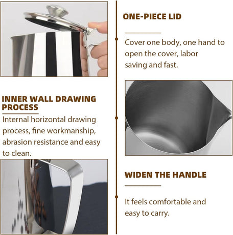 Milk Jug - Barista Latte Artisan Accessories with Lid - 600ml Milk Jug - Stainless Steel Milk Jug with Lid - Milk Frothing Jug - Coffee Milk Jug with Cup - Suitable for Cappuccino, Espresso, and Barista Use