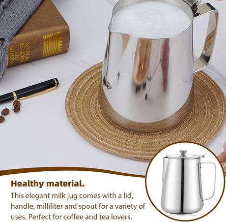 Milk Jug - Barista Latte Artisan Accessories with Lid - 600ml Milk Jug - Stainless Steel Milk Jug with Lid - Milk Frothing Jug - Coffee Milk Jug with Cup - Suitable for Cappuccino, Espresso, and Barista Use