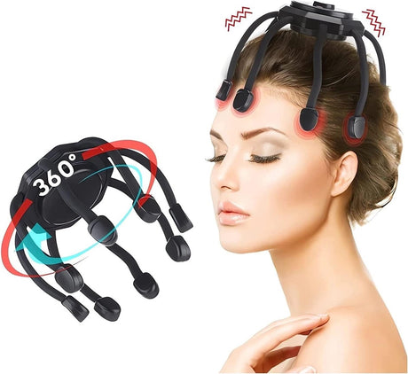 The head massager features 3 vibrating contacts, is ultra-rechargeable, and has a removable head attachment. Suitable for pain and anxiety relief, stress reduction, relaxation, and deep sleep.