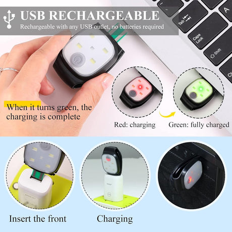 Clip-on outdoor running light, LED flashlight, USB rechargeable, reflective plastic safety light, accessory for running/training/racing.
