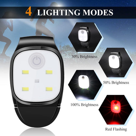Clip-on outdoor running light, LED flashlight, USB rechargeable, reflective plastic safety light, accessory for running/training/racing.