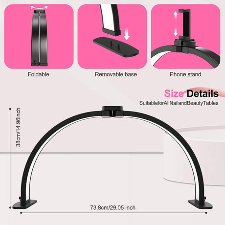 Desk Lamp - Manicure Lamp - Nail Technician Desk Lamp - Half-Moon Lamp - Large LED Tech Table Lamp with Phone Holder - 3 Enlightenment Style Modes - Black
