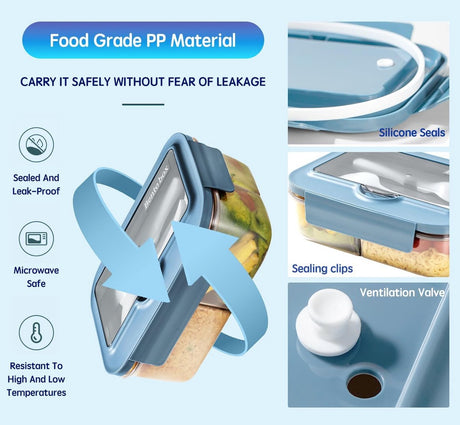 Lunch Box - Children's Lunch Box - Compartmentalized Lunch Box - Reusable Lunch Box - 2-Compartment Lunch Box - Insulated - Sealable - Portable - Microwaveable (Blue)
