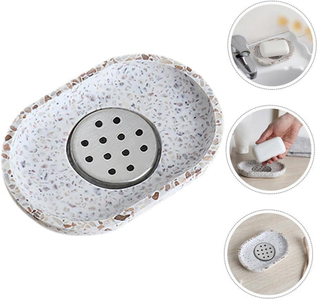 Terrazzo soap dish with stainless steel drainer, beige, natural stone, beige for bathroom, sink and kitchen - Drainage design for bathroom sinks and countertops