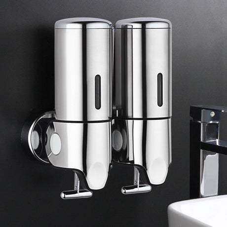 2-in-1 Soap Dispenser - Liquid Dispenser - 2 x 500 ml - 2 Reservoirs - Wall Mounted - Kitchen - Bathroom - Shower - Stainless Steel - 25 x 18.5 x 9 cm - Silver - Hanging Soap Dispenser