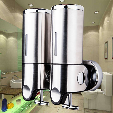 2-in-1 Soap Dispenser - Liquid Dispenser - 2 x 500 ml - 2 Reservoirs - Wall Mounted - Kitchen - Bathroom - Shower - Stainless Steel - 25 x 18.5 x 9 cm - Silver - Hanging Soap Dispenser