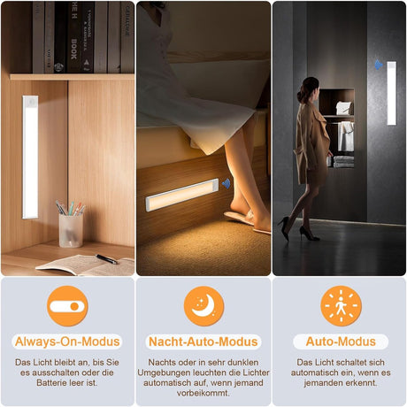 20cm LED Under Cabinet Lighting with Motion Detector - Rechargeable - 3 Colour Temperatures and Infinite Dimming, Dimmable Cabinet Lighting with 3 Modes, Sensor LED Lighting for Cabinets, Kitchens, Stairs (2 Pieces)