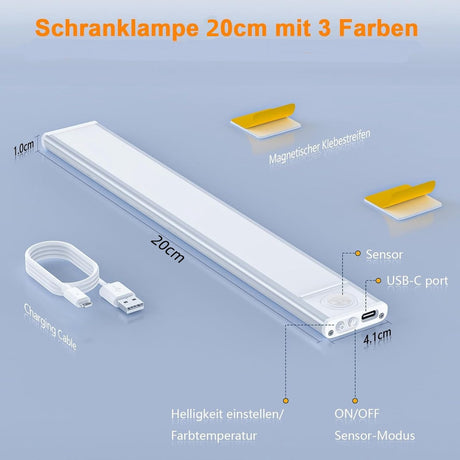 20cm LED Under Cabinet Lighting with Motion Detector - Rechargeable - 3 Colour Temperatures and Infinite Dimming, Dimmable Cabinet Lighting with 3 Modes, Sensor LED Lighting for Cabinets, Kitchens, Stairs (2 Pieces)