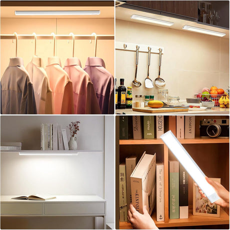 20cm LED Under Cabinet Lighting with Motion Detector - Rechargeable - 3 Colour Temperatures and Infinite Dimming, Dimmable Cabinet Lighting with 3 Modes, Sensor LED Lighting for Cabinets, Kitchens, Stairs (2 Pieces)