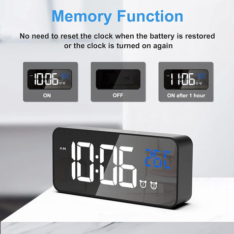 Digital alarm clock, LED digital clock with temperature display, portable mirror alarm clock, 13 alarm tones, USB rechargeable, 4 brightness settings and adjustable volume, 12/24 hour display