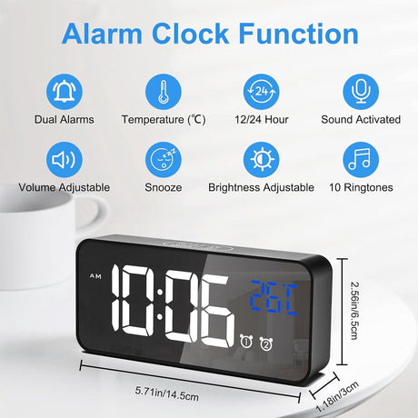 Digital alarm clock, LED digital clock with temperature display, portable mirror alarm clock, 13 alarm tones, USB rechargeable, 4 brightness settings and adjustable volume, 12/24 hour display