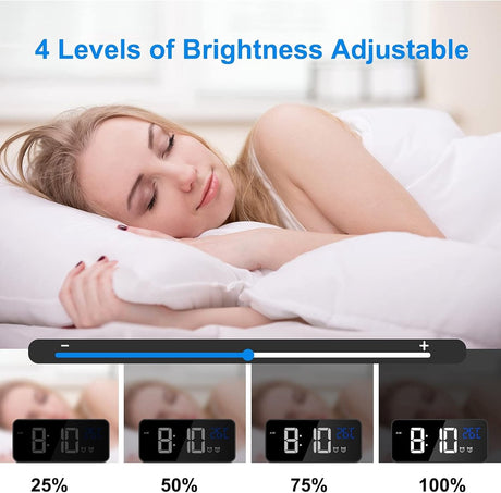 Digital alarm clock, LED digital clock with temperature display, portable mirror alarm clock, 13 alarm tones, USB rechargeable, 4 brightness settings and adjustable volume, 12/24 hour display