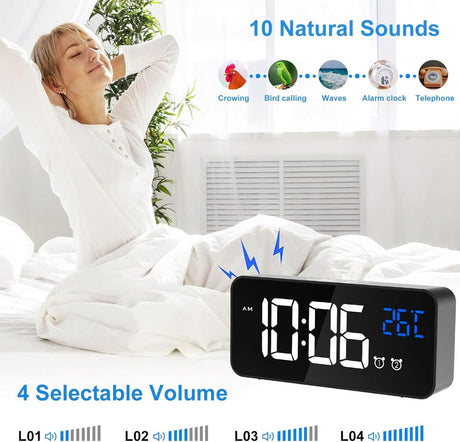 Digital alarm clock, LED digital clock with temperature display, portable mirror alarm clock, 13 alarm tones, USB rechargeable, 4 brightness settings and adjustable volume, 12/24 hour display