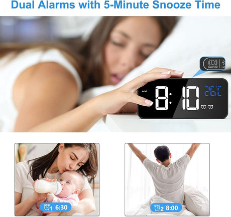 Digital alarm clock, LED digital clock with temperature display, portable mirror alarm clock, 13 alarm tones, USB rechargeable, 4 brightness settings and adjustable volume, 12/24 hour display