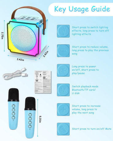 Children's karaoke machine with 2 microphones, portable karaoke machine with LED lights and voice changing effects, ideal gift for children (boys and girls) aged 5 to 12.