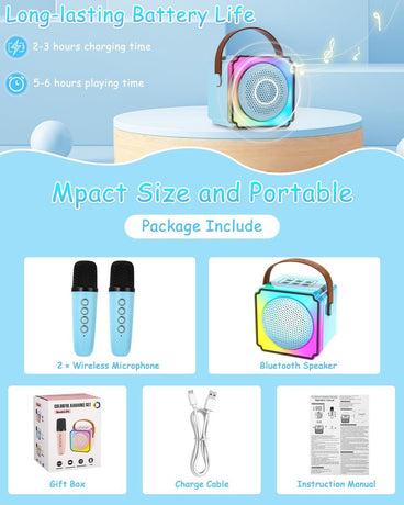 Children's karaoke machine with 2 microphones, portable karaoke machine with LED lights and voice changing effects, ideal gift for children (boys and girls) aged 5 to 12.