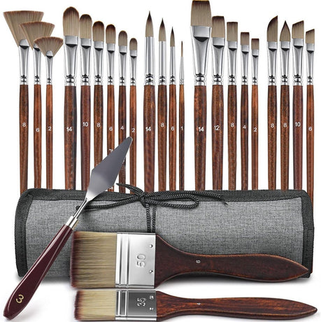 Acrylic Brush Set - 25 Premium Synthetic Brushes with Fabric Tray and Drawing Board, Suitable for Acrylic, Watercolor, Oil, and Gouache | No Hair Shedding | Acrylic Brushes