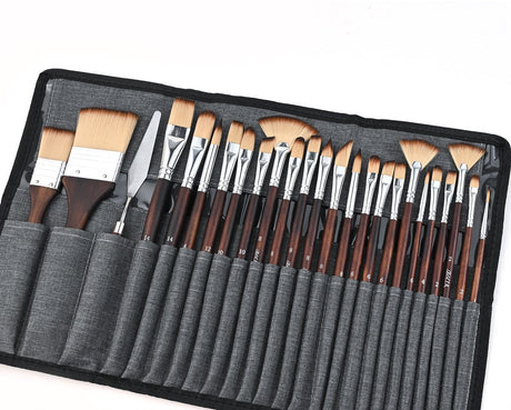 Acrylic Brush Set - 25 Premium Synthetic Brushes with Fabric Tray and Drawing Board, Suitable for Acrylic, Watercolor, Oil, and Gouache | No Hair Shedding | Acrylic Brushes