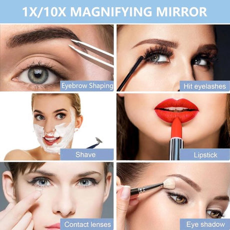 Double-sided makeup mirror with 10x magnifying LED lighting and adjustable brightness. Small, illuminated mirror with adjustable intensity, ideal for handbags. Black.