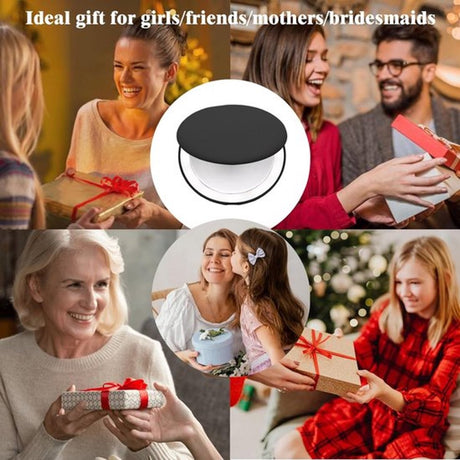 Double-sided makeup mirror with 10x magnifying LED lighting and adjustable brightness. Small, illuminated mirror with adjustable intensity, ideal for handbags. Black.