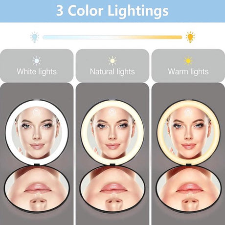 Double-sided makeup mirror with 10x magnifying LED lighting and adjustable brightness. Small, illuminated mirror with adjustable intensity, ideal for handbags. Black.