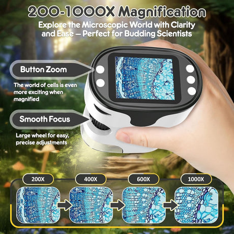 Children's Microscope - 1000X Portable Digital Microscope - 0-inch Screen - Rechargeable - With Slide Set - Mini Pocket Telescope, Educational Gift for Children Ages 4-12