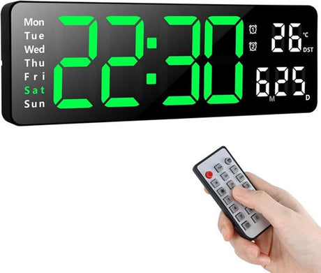 Digital Clock - Wall Clock - LED Display - 13-inch LED Digital Clock - Remote Control - Modern Design - Adjustable Brightness - Time, Date, Temperature - Living Room, Kitchen, Office, Gym