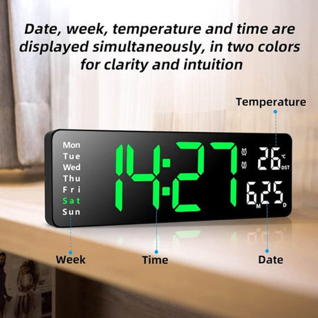 Digital Clock - Wall Clock - LED Display - 13-inch LED Digital Clock - Remote Control - Modern Design - Adjustable Brightness - Time, Date, Temperature - Living Room, Kitchen, Office, Gym