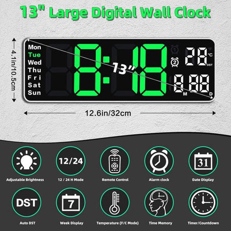 Digital Clock - Wall Clock - LED Display - 13-inch LED Digital Clock - Remote Control - Modern Design - Adjustable Brightness - Time, Date, Temperature - Living Room, Kitchen, Office, Gym