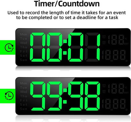Digital Clock - Wall Clock - LED Display - 13-inch LED Digital Clock - Remote Control - Modern Design - Adjustable Brightness - Time, Date, Temperature - Living Room, Kitchen, Office, Gym