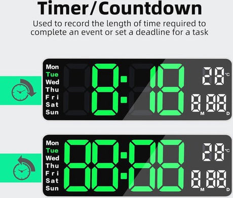Digital Clock - Wall Clock - LED Display - 13-inch LED Digital Clock - Remote Control - Modern Design - Adjustable Brightness - Time, Date, Temperature - Living Room, Kitchen, Office, Gym