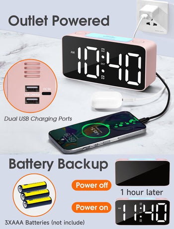Digital Night Light - Klok Extra Powerful - 7 Colors - Ideal for Heavy Sleepers - Adjustable Volume and USB Charging - Place on the Bedside Table - Pink