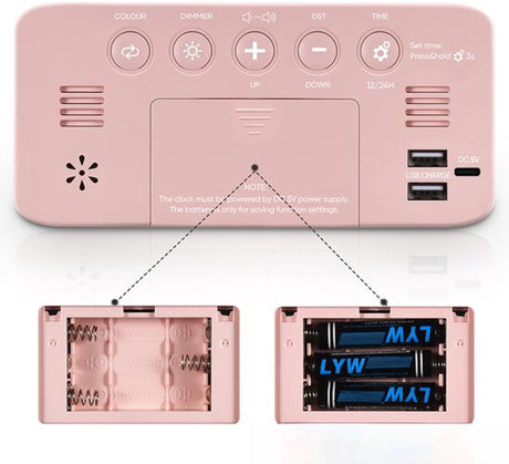 Digital Night Light - Klok Extra Powerful - 7 Colors - Ideal for Heavy Sleepers - Adjustable Volume and USB Charging - Place on the Bedside Table - Pink
