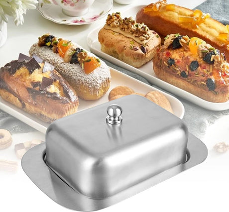 Stainless steel butter dish with lid for 250g of butter – Dessert bowl and cheese bread box for restaurant and home use – 186 x 12 x 65 cm