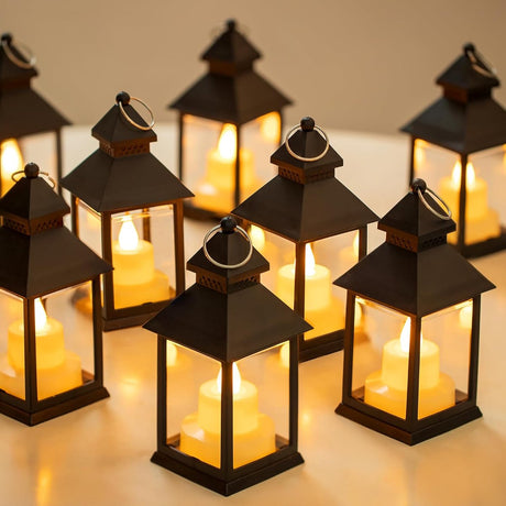 Decorative black lanterns for outdoor tables - Set of 2 mini LED metal lanterns for Halloween, weddings, Ramadan, gardens, Christmas, balconies, indoor and outdoor parties