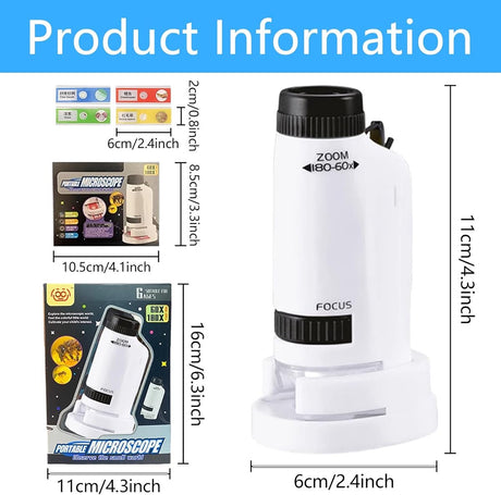 Microscope - Children's Microscope - Portable Pocket Microscope - Mini 60X-180X - Kids Exploration Kit - for Students, Science and Play