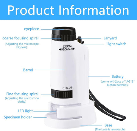 Microscope - Children's Microscope - Portable Pocket Microscope - Mini 60X-180X - Kids Exploration Kit - for Students, Science and Play