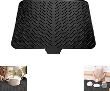 Silicone dish draining mat with integrated rim, heat-resistant, eco-friendly, waterproof, and non-slip. Ideal for dishes, bars, washing up, or any other use. Dimensions: 58 x 43 cm. Color: Black.